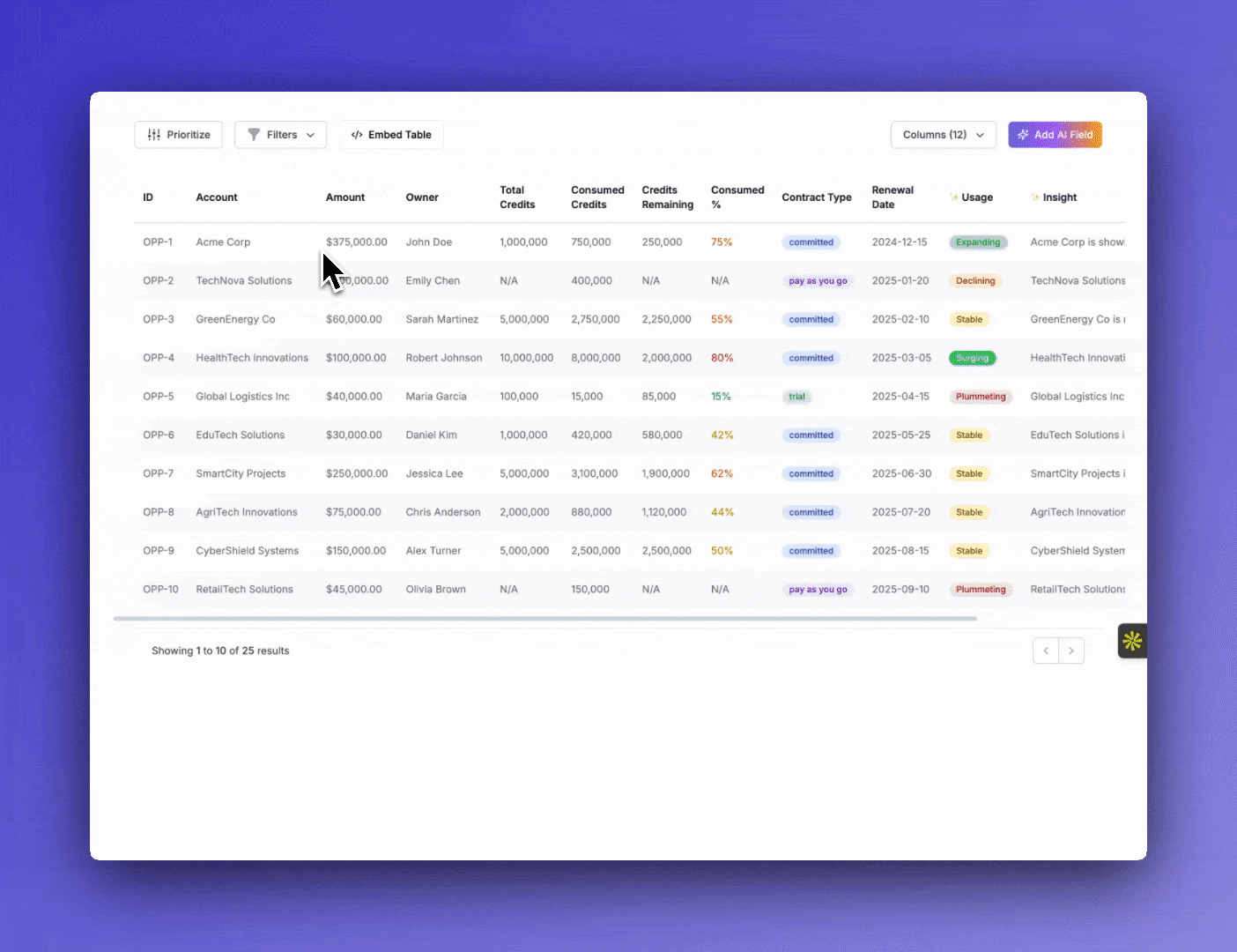 AI native table embedding